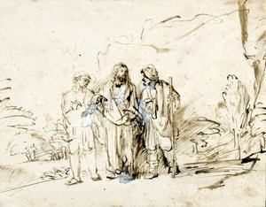 エマオへの道の途中で二人の弟子を持つキリスト。 作： Rembrandt van Rijn
